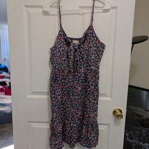 SO Navy Floral Tie-Neck Top with Pink and Green Blossoms